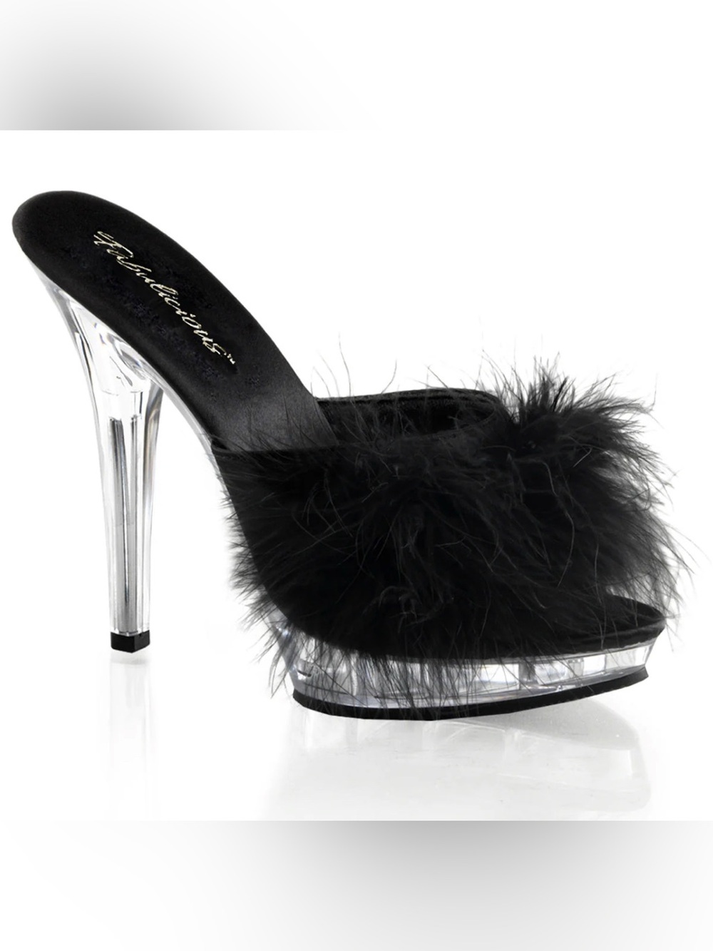 Fabulicious Lip-101-8 Faux Feather Heels Clear Heel Black Size 7